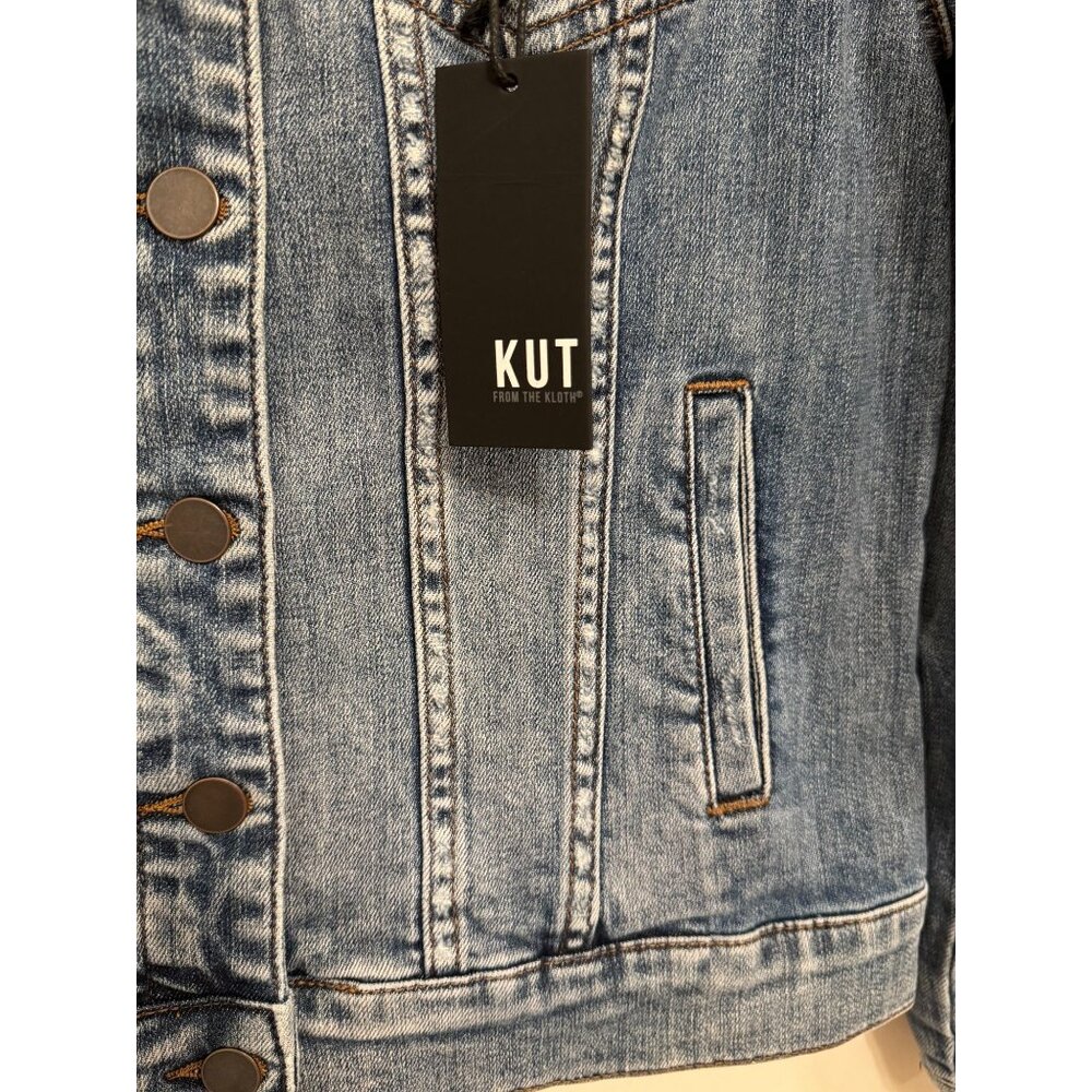 NWT Kut From The Kloth Womens Distressed Blue Denim Jacket S Classic Button Fron - Picture 7 of 12